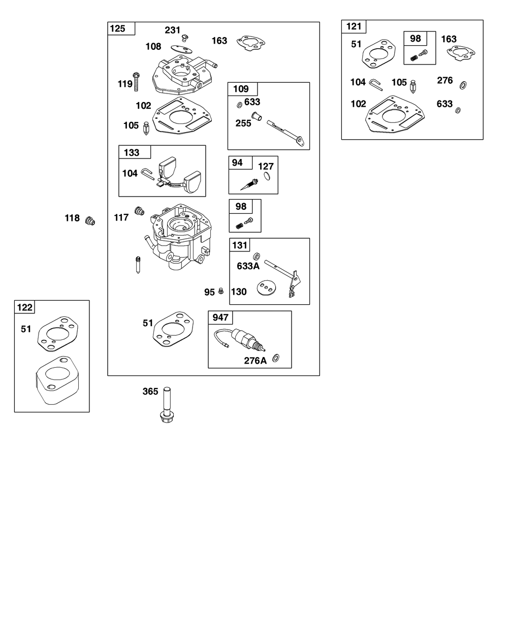 Carburetor Group Diagram and Parts List for 356447-0036-B5 200000 - 399999 Briggs and Stratton Engine